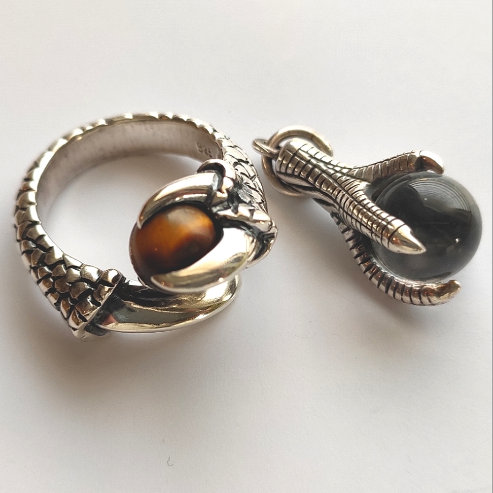 Bird's Claw Sterling Silver Ring And Pendant Charm Set